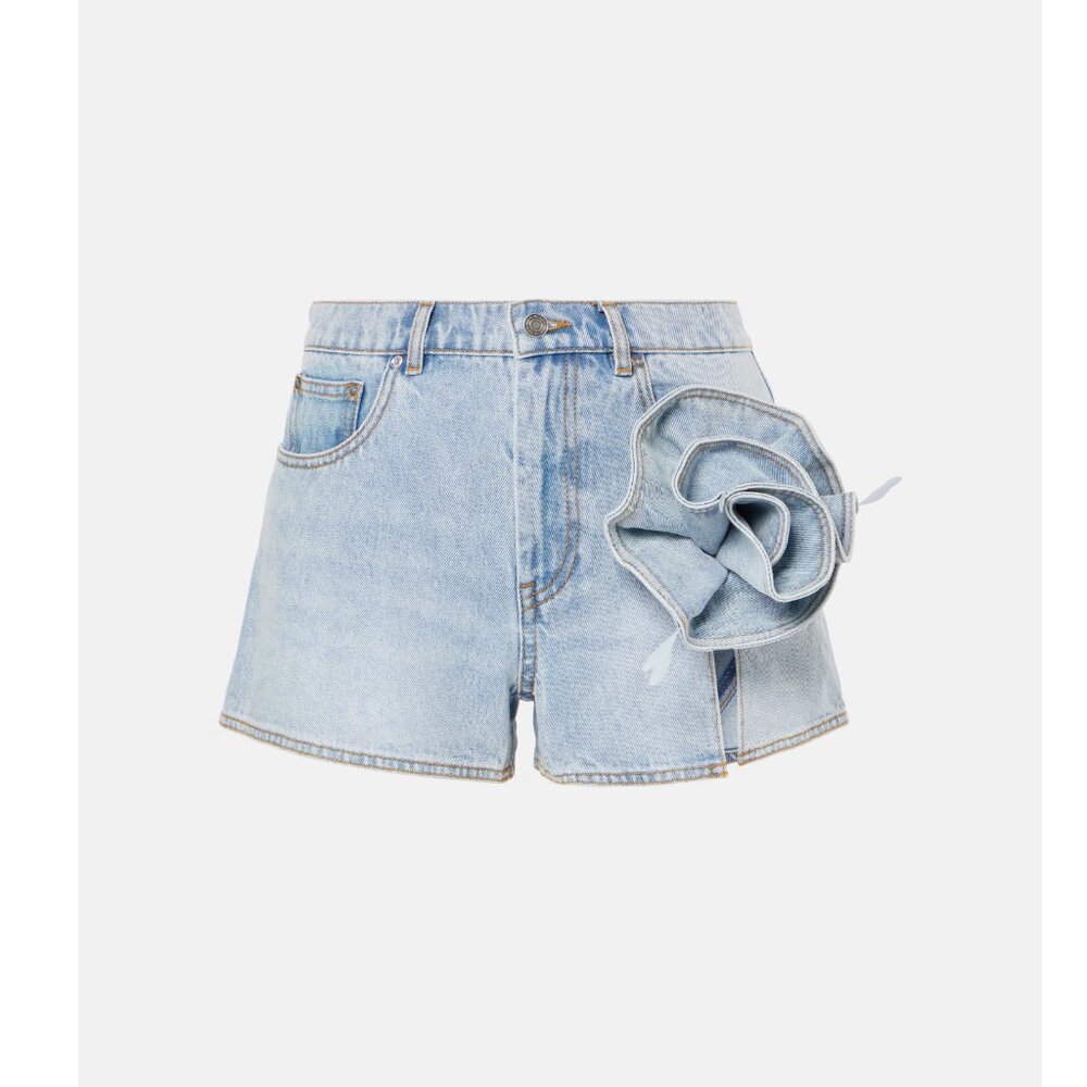 AREA floral-appliqué denim shorts